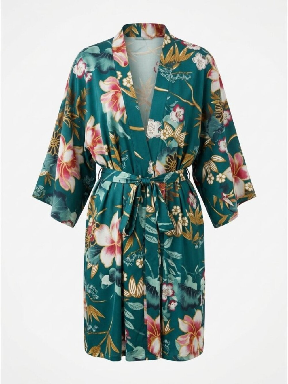 Linea Donatella 3/4 Sleeve Short Satin Robe Sz L/XL Teal Green Tropical Floral